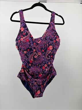 Lands' End Purple Paisley Floral One-Piece Swimsuit